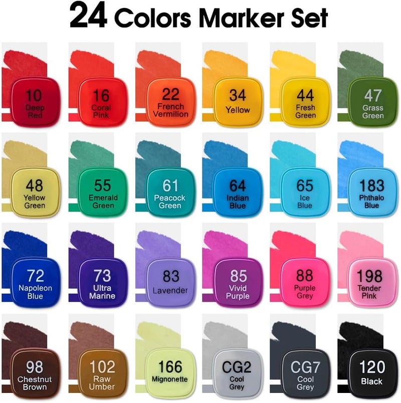 TRANSON Markers كحولية للرسم والتلوين 24 لون برؤوس مزدوجة رفيعة وفرشاة - Image 5